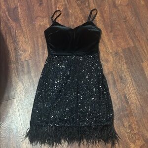 Guess Black Velvet & Sequin Feather-Trim Mini Dress